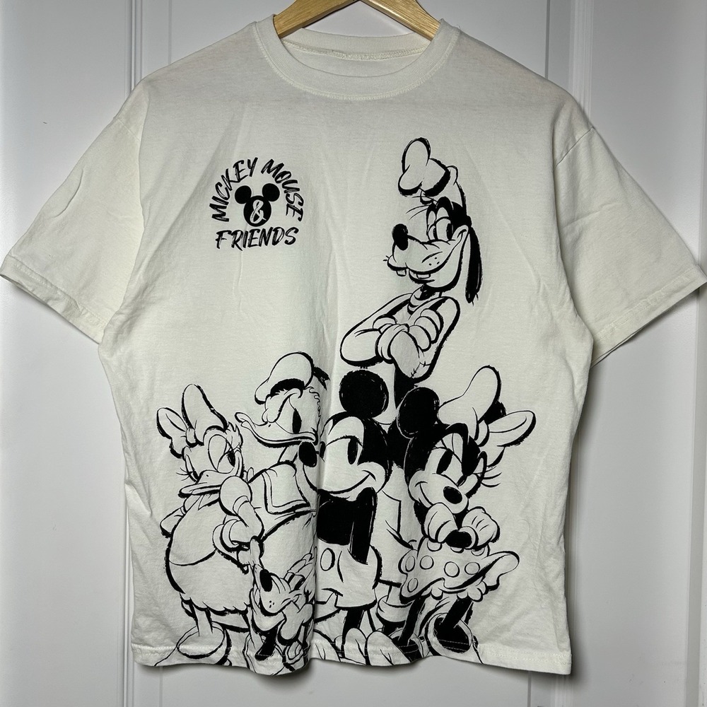 Disney Mickey Mouse Friends Black White Sketch Graphic Oversized Cream T-Shirt